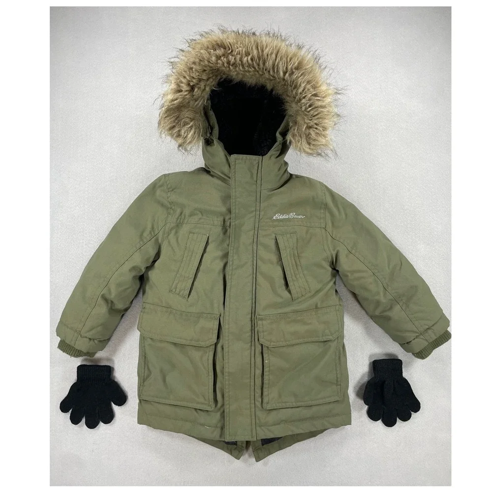 Eddie Bauer Down Parka Boys Faux Fur Hood Olive Green Size 2T With Gloves